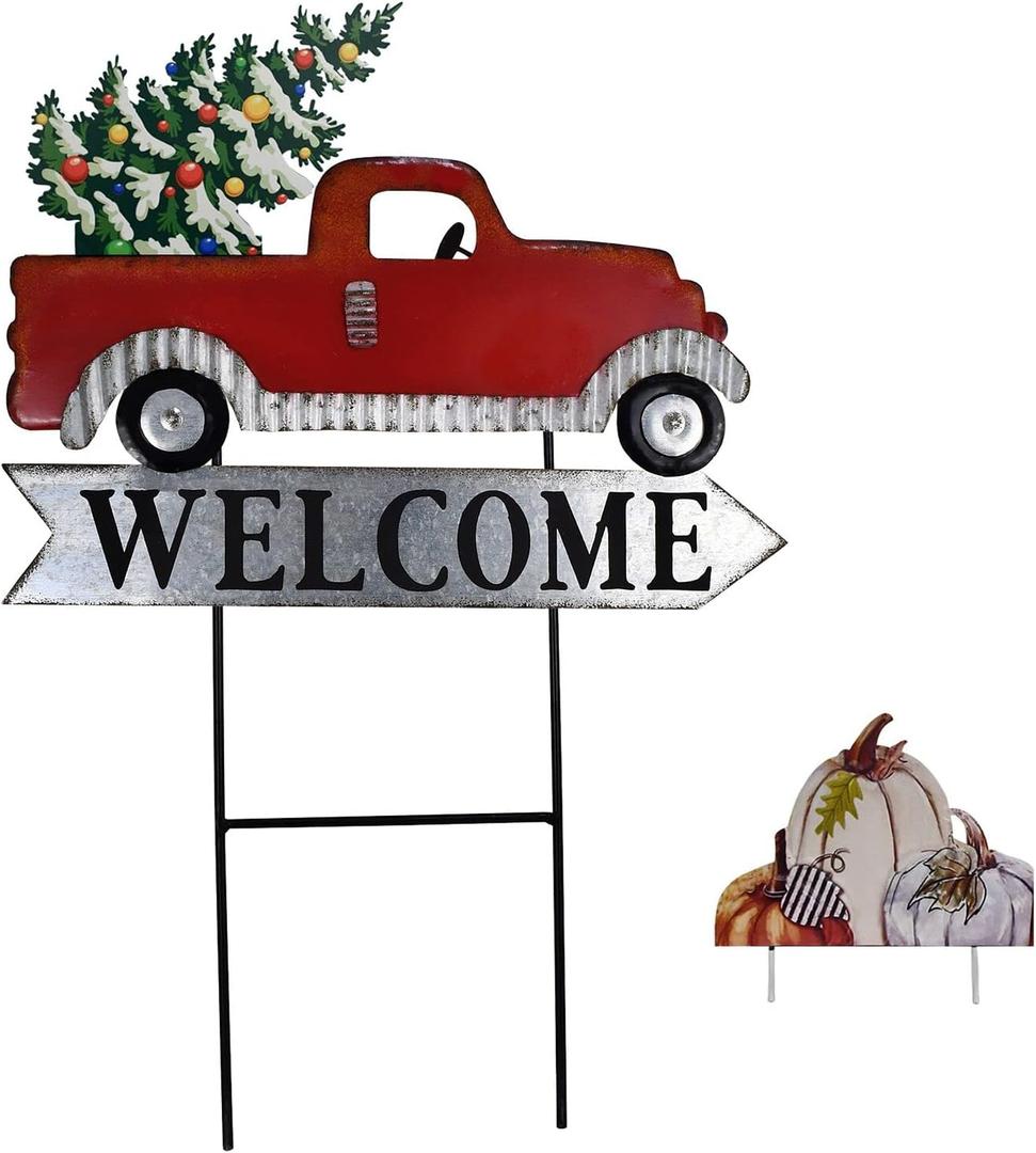 Morning View Red Pickup Truck Yard Stakes Welcome Sign Metal Garden Stake Interchangeable Christmas Tree Fall Pumpkin Outdoor Seasonal Yard Art for Lawn Xmas Winter Autumn Holiday 24 Inches