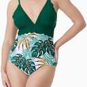 PATPAT Swimsuit One Piece Leaves Printed V Neck Bathing Suits (X-Large)