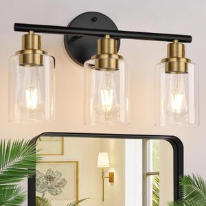 3-Light Bathroom Light Fixtures, Black and Gold Bathroom Wall Lights, Modern Vanity Light with Clear Glass Shade, Bathroom Wall Lamp for Mirror Kitchen Bedroom Hallway Cabinet