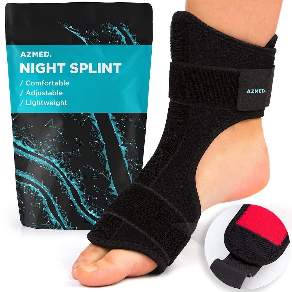 AZMED Plantar Fasciitis Night Splint & Support, Adjustable Orthotic Foot Drop Brace for Achilles Tendonitis and Heel Spur Relief, Black, One Size