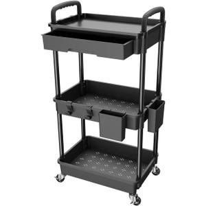 3 Tier Rolling Utility Cart with Drawer, REBECAT Utility Cart Made of Multifunctional Storage Organizer Tool for Kitchen, Bathroom, Living Room, Office(Black)