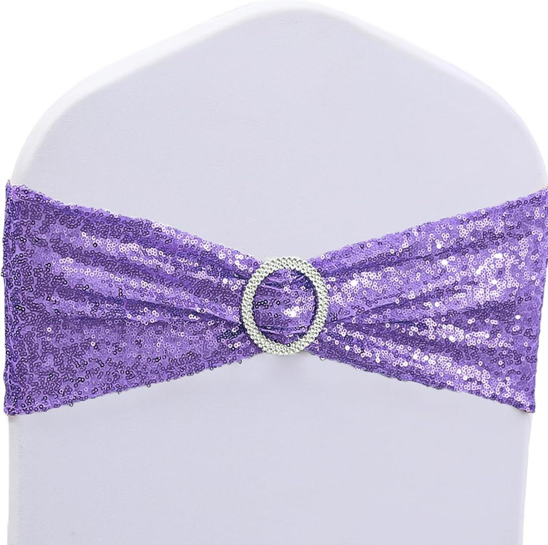 All Sequin Lavender Purple Chair Sashes 100 Pack, Sequin Chair Sashes for Wedding Party Folding Chair Decoration, Sequin Chairs Bands with Buckles for Fiesta Event Decorations
