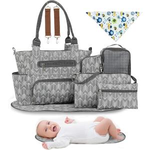 Moclever 8pc Diaper Tote Set, Baby Essentials with Multifunctional Diaper Bags, Bottle & Mesh Bag (Darkgrey)