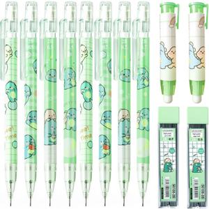 Cute Green Dinosaur Mechanical Pencil Set Include 8Pcs Kawaii Mechanical Pencils,2 Tubes Mechanical Pencil Lead Refills,2Pcs Dinosaur Erasers,for Office School Supplies