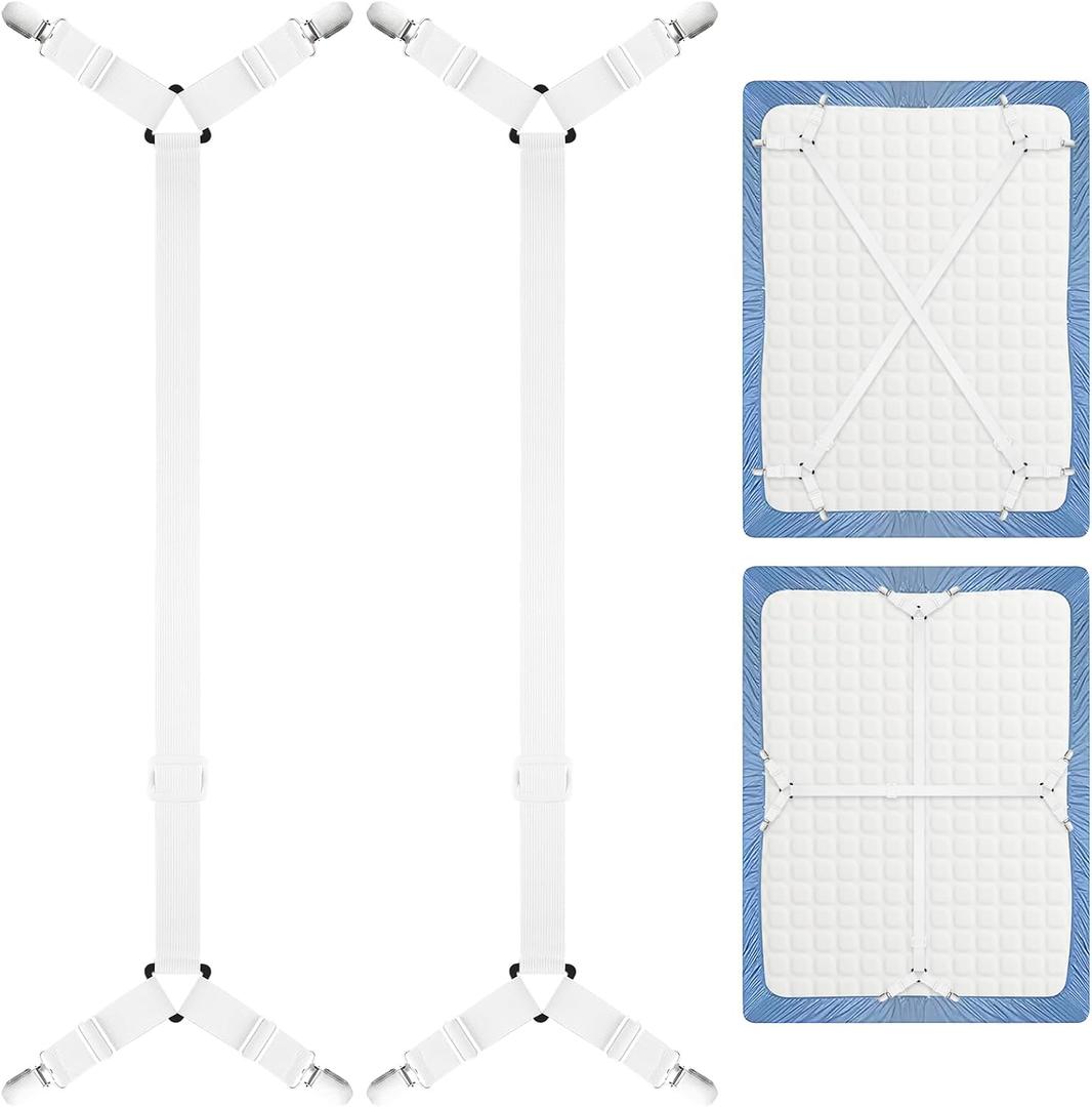 Morcheiong 2 Pack Bed Sheet Fasteners Straps Adjustable Bed Sheet Holder Bands with Sheet Clips for Bedding Stays Bedsheet Tie Downs - White