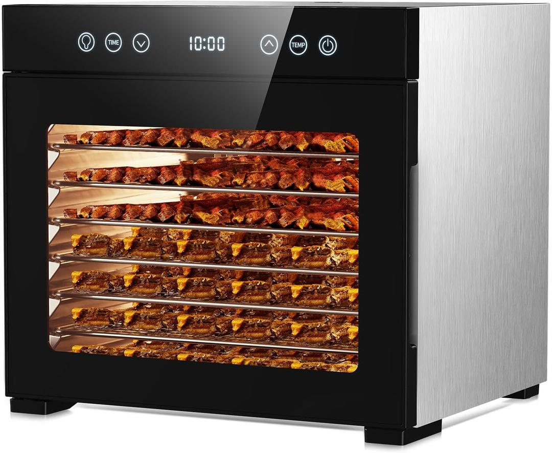 Food Dehydrator Machine, Powerful Food Dryer with 8 Stainless Steel Trays, Adjustable Temperature up to 167°F & 48-Hour Timer for Jerky, Fruits, Herbs - Includes Mesh Tray, Drip Tray & Recipe Guide