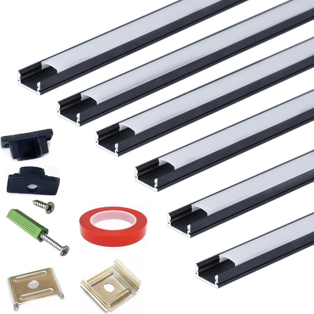 THMOOTHER LED Strip Black U Channel Diffuser 6-Pack 1FT,17X7.5MM Surface Mounted Aluminum Track with UV Resistance Milky Cover Cabinet Flush Installed Low Profile with Double Sided Tape