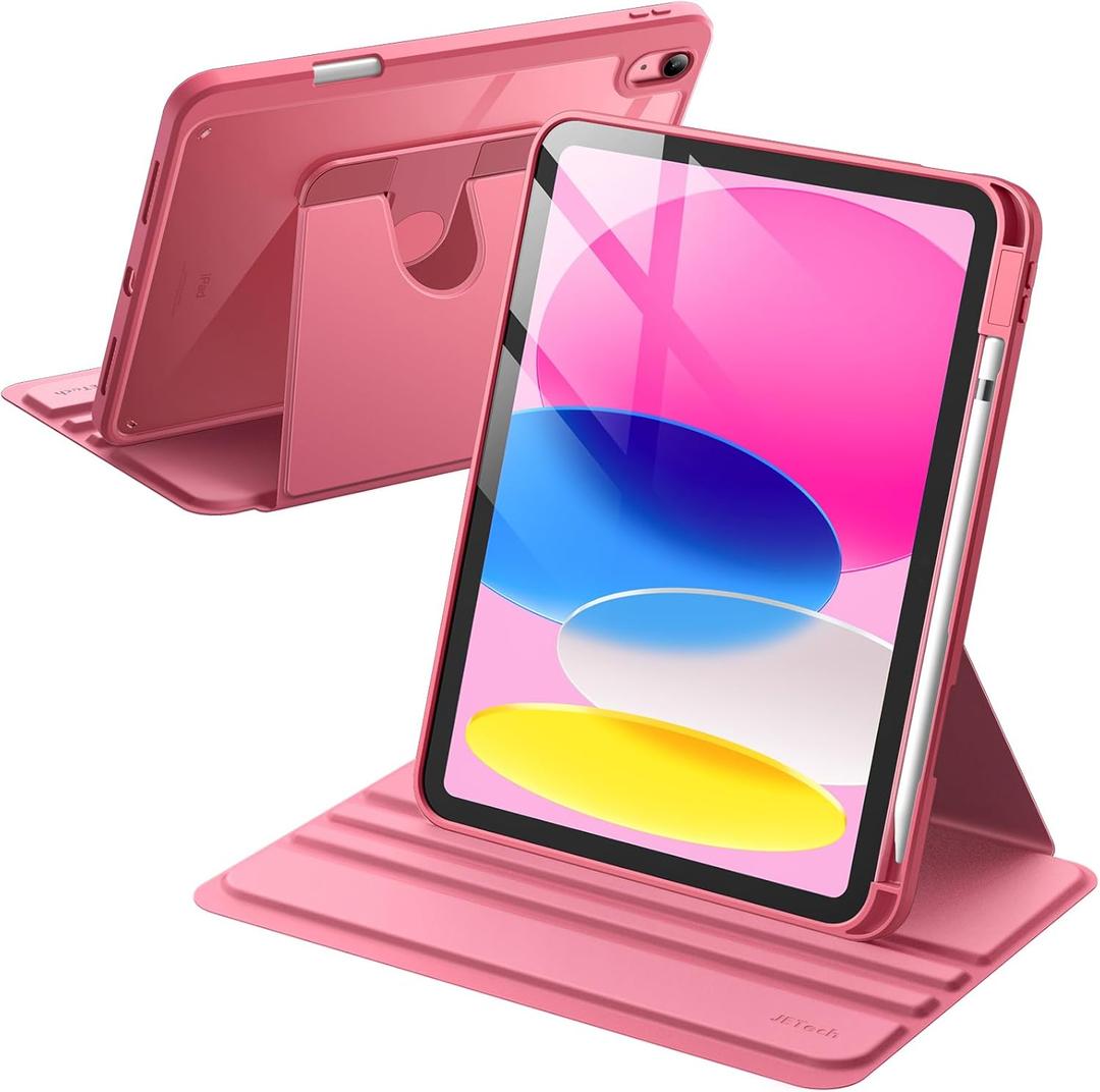 JETech Rotating Case for iPad (A16) 11th/10th Generation (2025/2022) with Pencil Holder, 360 Degree Rotation Protective Stand Cover Clear Back, Auto Wake/Sleep (Pink)