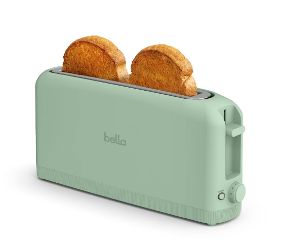 bella 2 Slice Slim Toaster, Fitsanywhere™ Kitchenware, 6 Setting Shade Control with Reheat & Cancel Buttons, Fits Sourdough, 10” Long Slot, Anti Jam & Auto Shutoff, 900 Watt, Seaglass