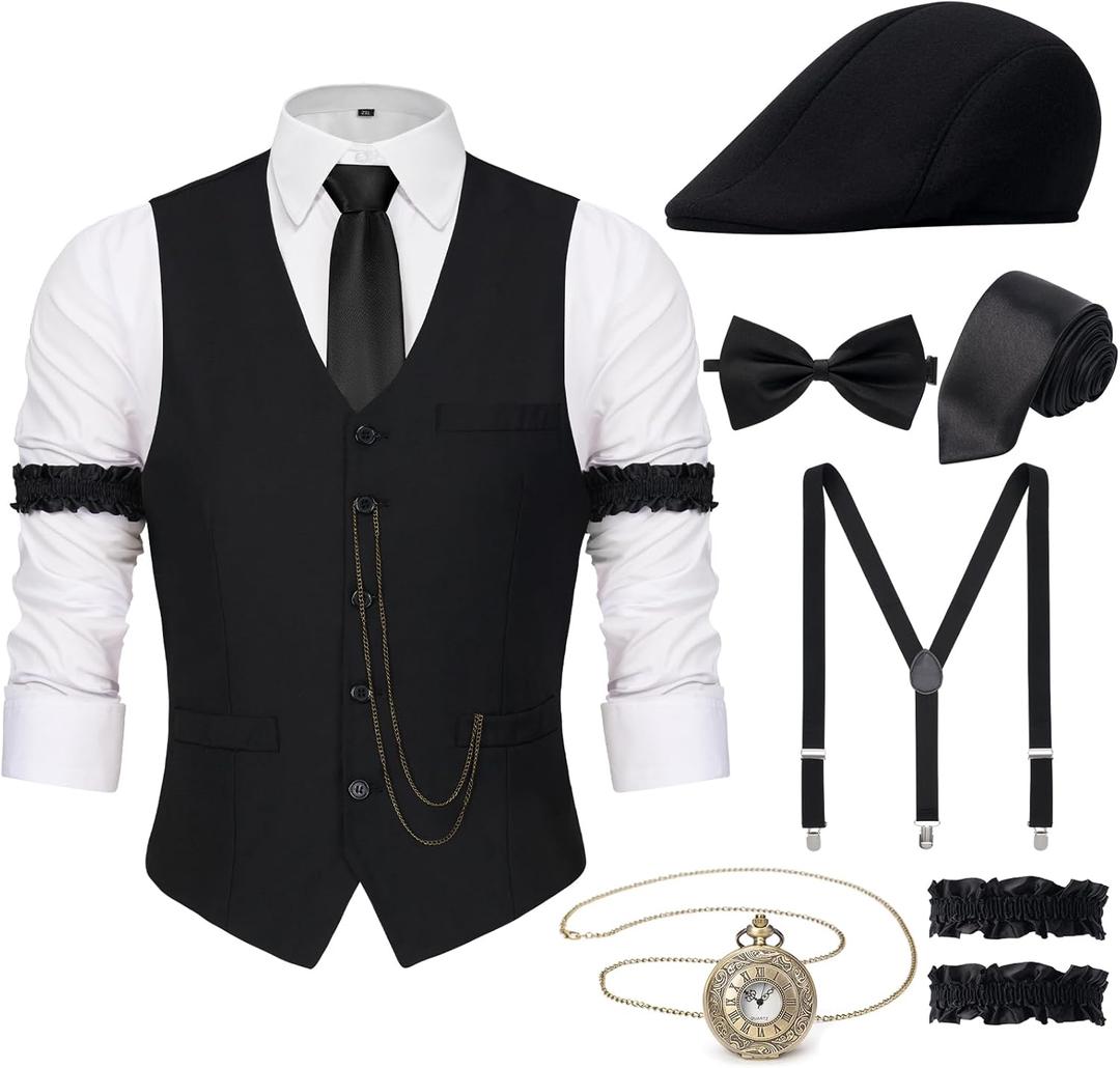 YESSA 1920s Mens Costume,Roaring 20s Costumes for Men,Gatsby Costume Men,1920s Mens Outfit Hat Vest Pocket Watch Tie (Medium, Black)