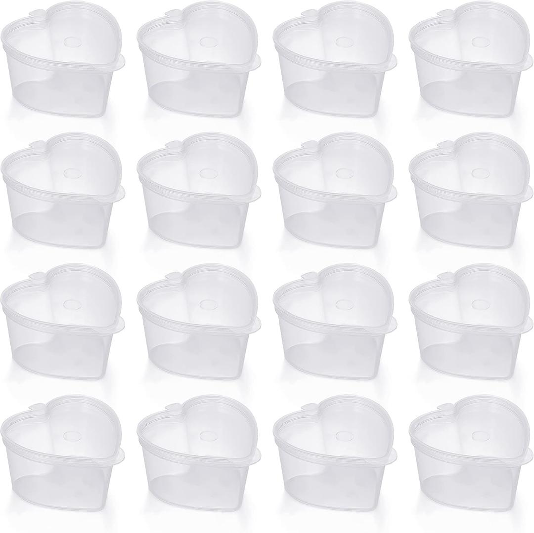 50 Sets Heart Shaped Jello Shot Cups with Lids, Valentines Heart Containers, Leakproof Disposable Souffle Cups, Small Plastic Cup for Sauce Condiments to go Dipping Sample Portion Ramekins, 1.7 oz