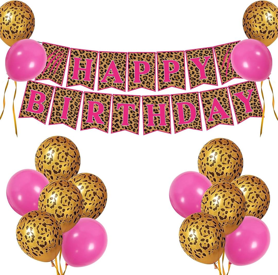 2 x 21 Pieces Cheetah Birthday Decorations Cheetah Birthday Banner Gold Leopard Spots Latex Balloons for Party Boy Girl Baby Shower Supplie