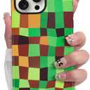 SOKAD Magnetic Checkered Phone Case for iPhone 15 Pro Max, Cute Plaid Grids Checkerboard Pattern Compatible with Magsafe Matte Protective Case with Screen Protector for Girls Women, Brown Green
