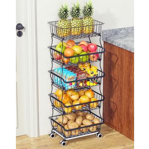 OKZEST 5 Tier Fruit Basket for Kitchen, Stackable Bins Wire Rack with Wheels, Fruit and Vegetable Storage Basket Pantry Food Snack Organizer Shelf, Kitchen Storage Cart for Onion and Potato, Produce (Black)