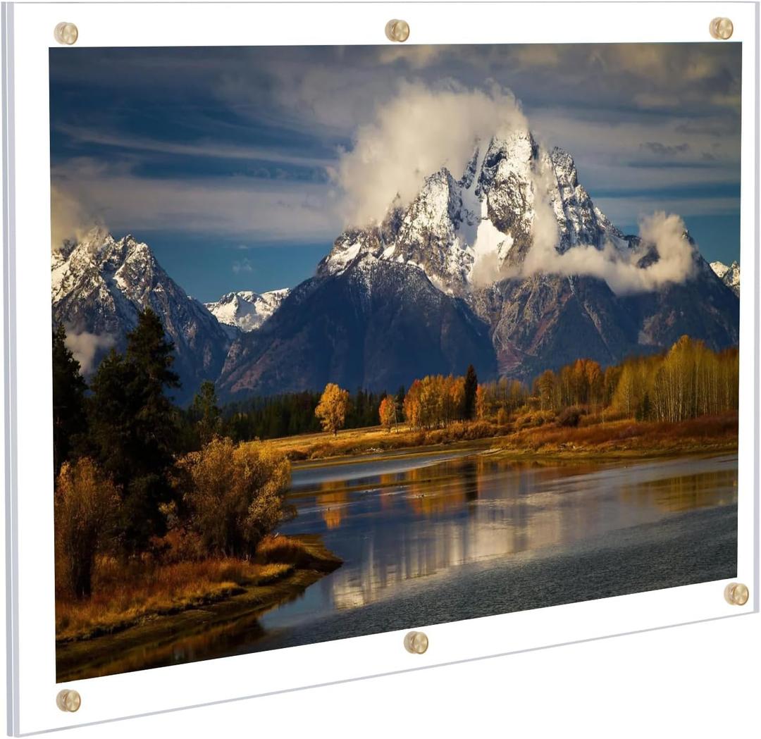 Kalami 16x20 Clear Acrylic Wall Mount Picture Frame Self Adhesive, No Drill Holes Floating Frameless Large Photo Frame for Paintings Portrait Landscape Poster or Other Artworks