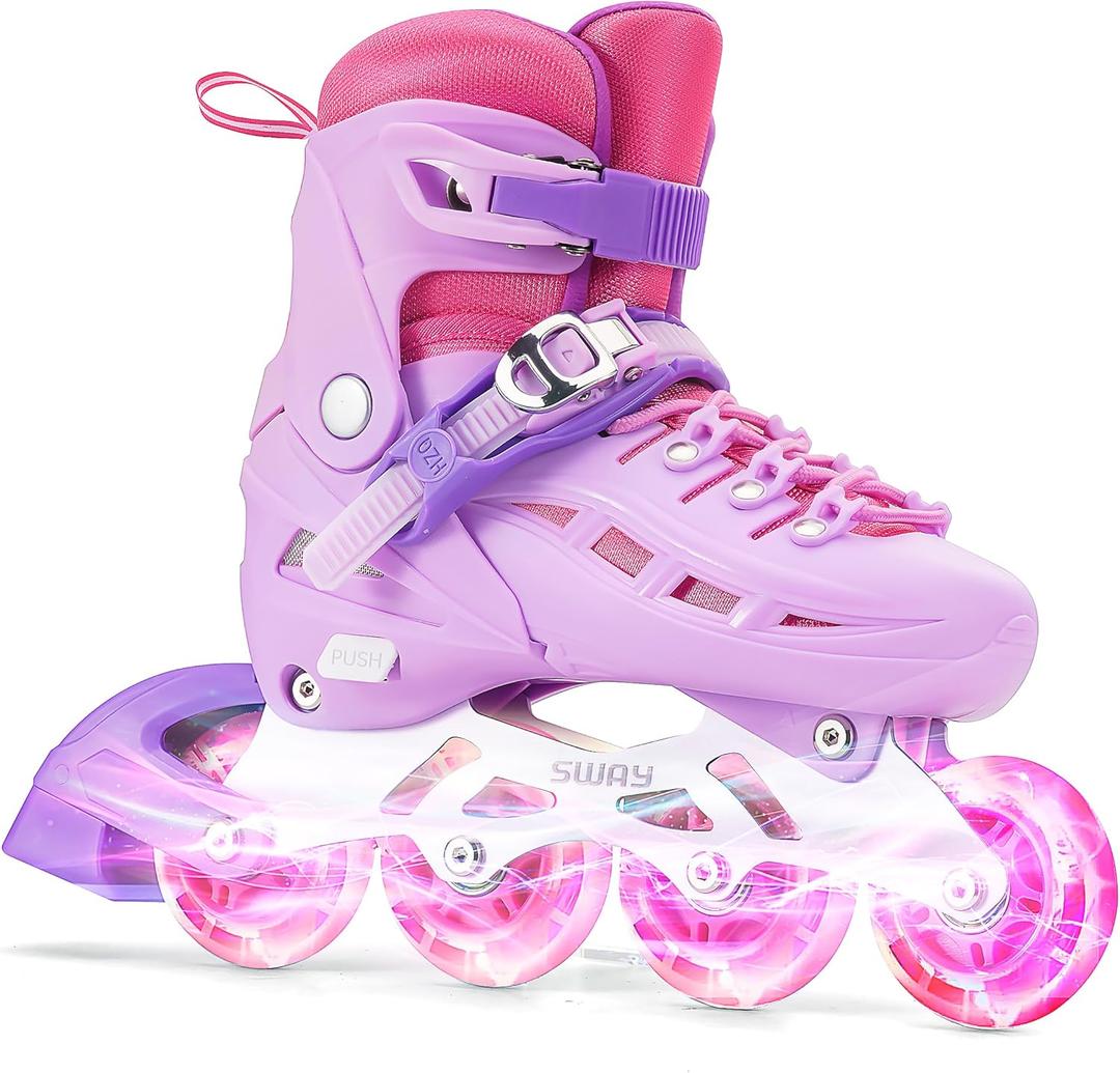SWAY Inline Skates 4 Size Adjustable for Girls and Boys, All Wheels Light Up, Outdoor Inline Skates for Kids and Youths Age 4-16, Lightweight & Comfortable for Beginner (Purple)