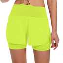 Ksmien Women's 2 in 1 Running Shorts - Lightweight Athletic Workout Gym Yoga Shorts Liner with Phone Pockets, Large, Fluores Yellow