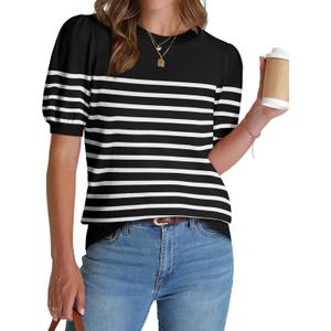 WIHOLL Women's Puff Short Sleeve Sweater 2025 Spring Summer Tops Trendy Business Casual Outfits Work Blouses Clothes (X-Large, Black/White)