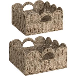 StorageWorks Scalloped Wicker Basket, Hand-woven Rattan Baskets with Built-in Handles, Seagrass Basket for Organizing and Decor, 2 Pack