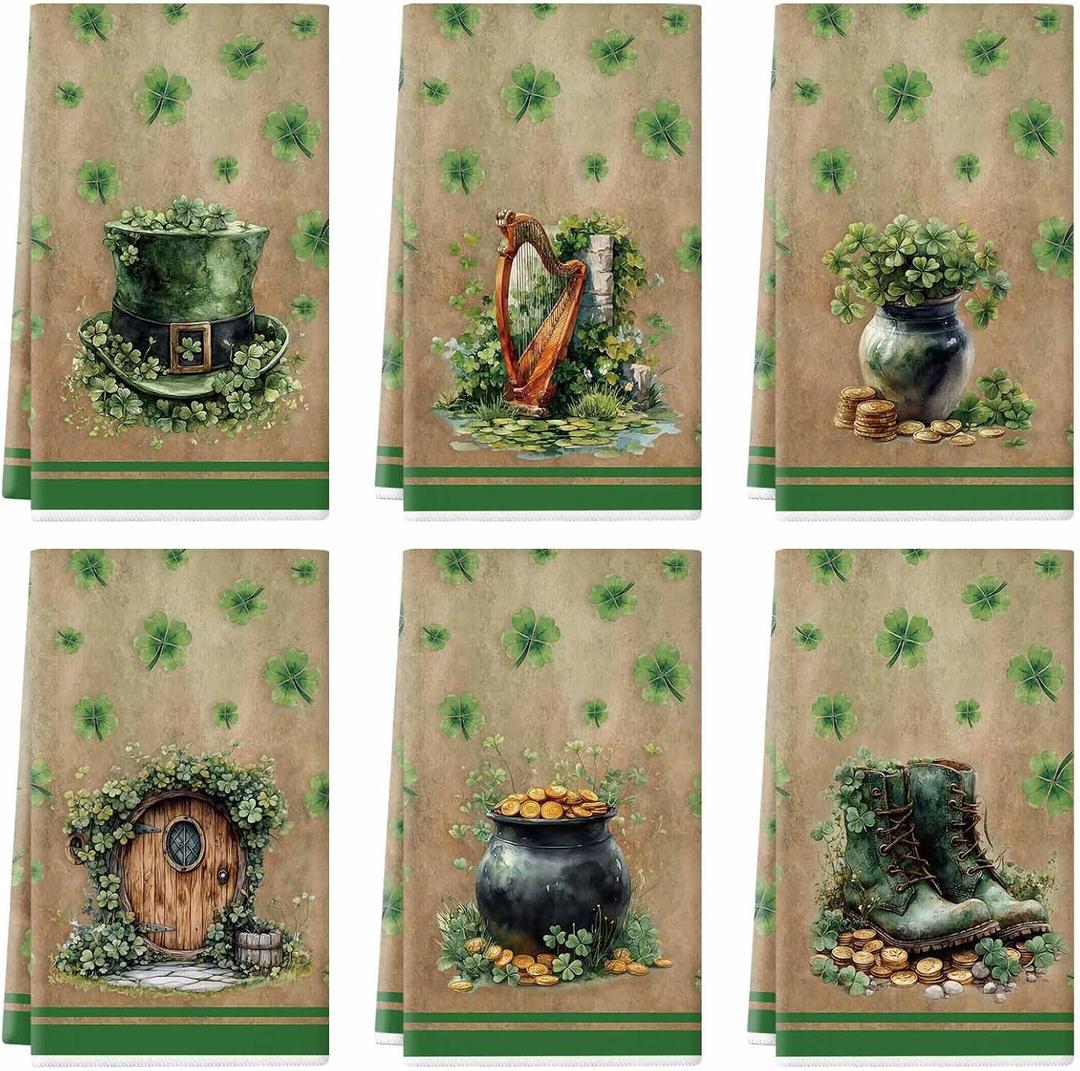 St. Patrick's Day Kitchen Towels 18x26 Inch Vintage Kitchen Dish Towels Hand Towels Seasonal Holiday Anniversary Indoor Bathroom Decoration Set of 6