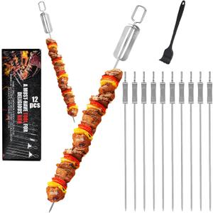 SHIKORI Kabob Skewers,15 inch Metal Skewers for Kabobs with Push Bar Skewers for Grilling, Stainless Steel Flat BBQ Skewers for Meat (12-Pcs) SHIKORI Kabob Skewers,15 inch Metal Skewers for Kabobs with Push Bar Skewers for Grilling, Stainless Steel Flat BBQ Skewers for Meat (12-Pcs)