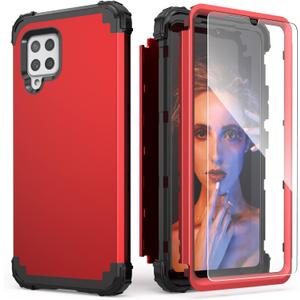 IDweel for Galaxy A42 5G Case with Tempered Glass Screen Protector, Hybrid 3 in 1 Shockproof Heavy Duty Hard PC Cover Soft Silicone Durable Bumper Full Body Cover for Samsung for Galaxy A42,Red