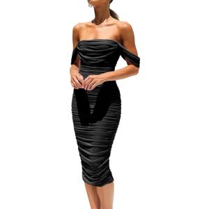 PRETTYGARDEN Summer Wedding Guest Dresses for Women 2026 Off the Shoulder Ruched Bodycon Spring Midi Cocktail Party Dress (Black, L)