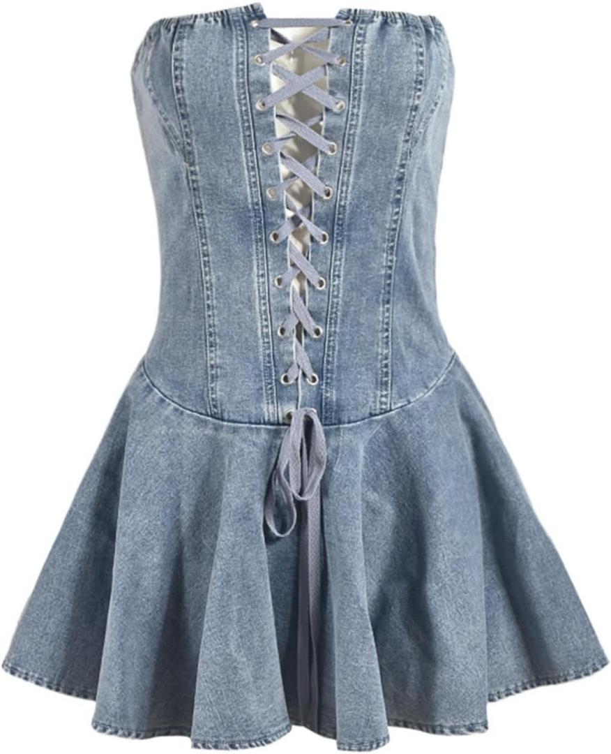 Womens Summer Casual Distressed Denim A Line Dress Tube Top Dress Fashion Jean Outfits (Light Blue), L