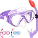 Kids Snorkel Set Dry Top Snorkeling Gear for Kids Youth Boys Girls Junior Age 5-15,Tempered Glass Swimming Diving Mask and Snorkel Set 180 Degree Panoramic View, Light Purple 