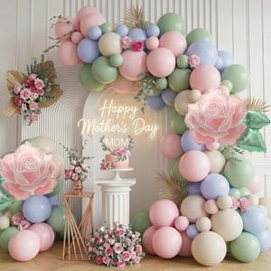 Mother's Day Tea Party Decorations - with Green Pink Blue Floral balloon Garland kit & Rose Foil Balloons for Mothers Day Brunch, Garden Party, Boho Wedding, Birthday Decor