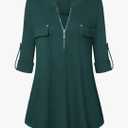 Bulotus Women's Zip Front V-Neck 3/4 Length Sleeve Womens Tops Business Casual Shirts,2XL