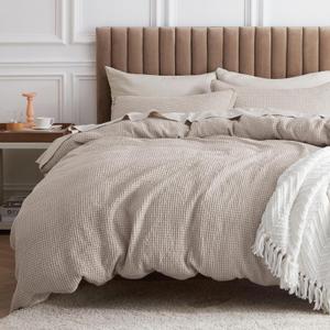 Bedsure Cotton Duvet Cover Set - 100% Cotton Waffle Weave Linen Duvet Cover Oversized King Size, GentleSoft and Breathable Bedding Set for All Season, 3 Pieces, 120"x98"