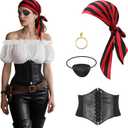 Pirate Costume for Women with Accessories Renaissance Short sleeve Blouse Belt Headscarf Set Cosplay (Medium, White+stripe)