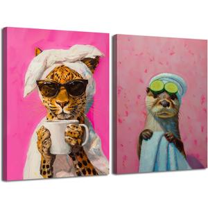 Funny Animal Bathroom Wall Art Whimsical Cheetah Bathroom Wall Decor Painting, Eclectic Leopard Drinking Coffee Poster Canvas Prints Quirky Otter Bathing Artwork 16x24 inch Framed