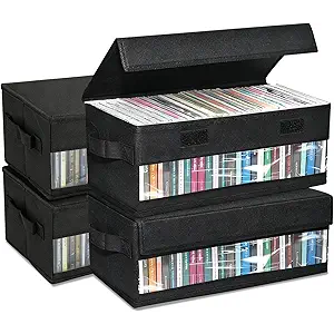 RETON 4 Pack CD Storage Boxes - CD Case Holder with Stackable Dustproof Lid Transparent Visible PVC Window, 14.2 x 6.3 x 5.5 Inches DVD Storage, Organizer for Blu-ray Discs, Movies, Game Discs