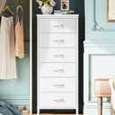 Huuger Tall Dresser for Bedroom, Stable 7 Drawer Dresser with Anti-Tip Device, PU Leather & Fabric Drawers, Tall Nightstand for Closet, Nursery, Storage Tower for College Dorm High Beds, White (43.3inch(6 Drawers))