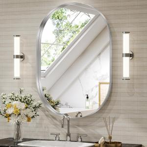 Brightify Silver Oval Mirror for Bathroom 24x36 Inch, Matte Silver Vanity Mirrors Metal Frame, Wall Mounted Mirror for Bedroom Dress Room Wall Decorative Hang Vertical and Horizontal