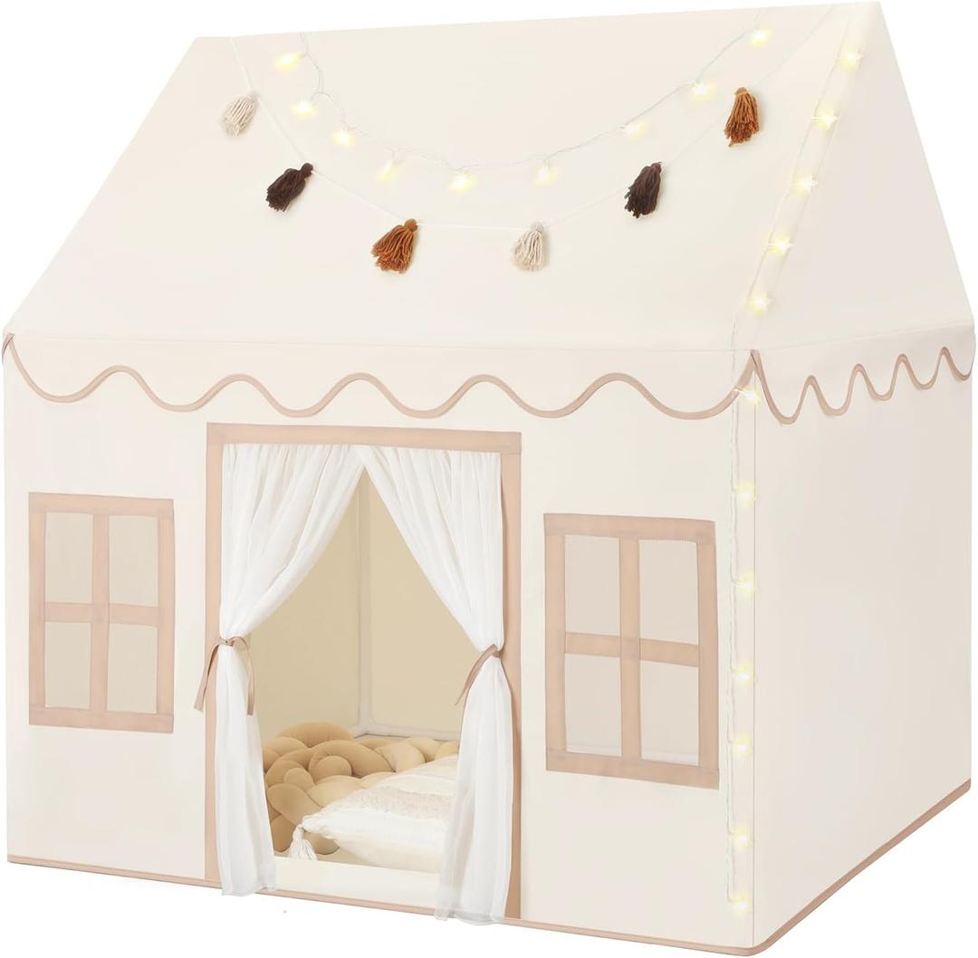 Kids Play Tent Indoor: with Mat, Tassel Garland, Star Lights - Girl Tent Indoor Playhouse for Kids Toys for Boy Girl Birthday Gift, Beige, Normal