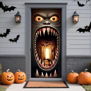 2 x Halloween Door Cover, Scary Front Door Banner Covering Decorations, Fabric Door Hanging Banner Decor Indoor Outdoor Halloween Party Supplies 72.8x35.4 Inch (Brownn)