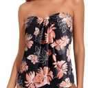 Tempt Me Floral Black Two Piece Tankini Bathing Suits for Women Halter Bandeau Swim Top with Bottom Flyaway Tummy Control Swimsuit M