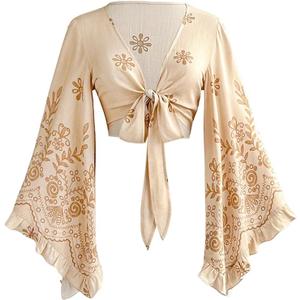BEAUDRM Women's Boho Tops Wrap Western Country Concert 70s Outfits Tie Front Long Bell Sleeve Tops Hippie Disco Clothes XL