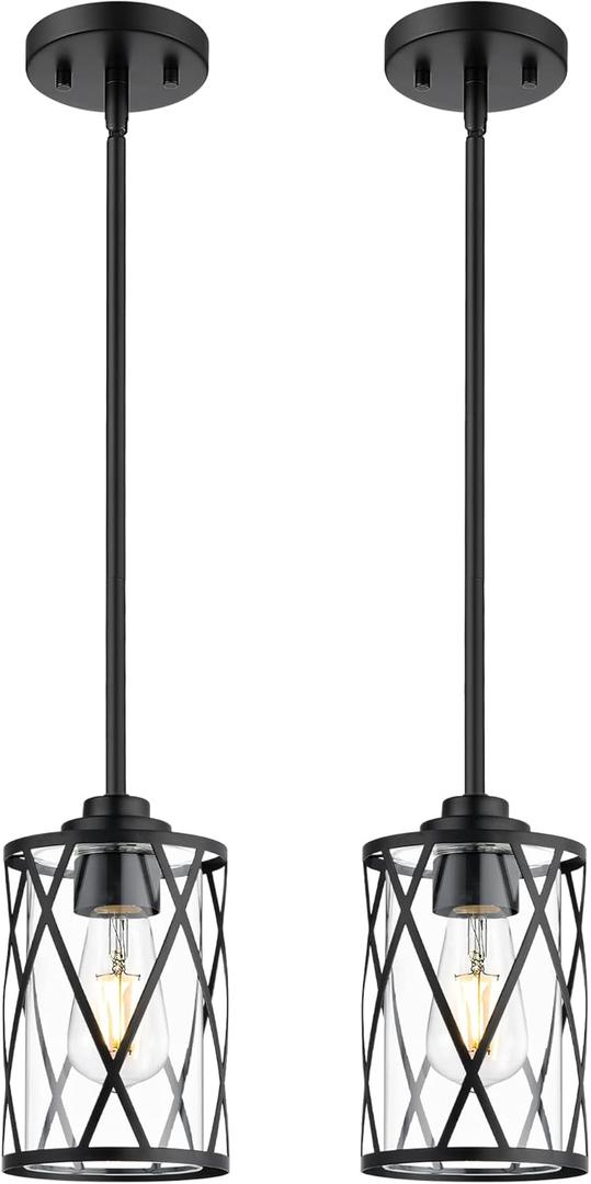 Beionxii 2 Pack Glass Pendant Lights Kitchen Island, Black Modern Kitchen Pendant Lighting Over Island, Farmhouse Industrial Cage Hanging Lighting with Clear Glass for Sink, Dining Room, BX-PL07BK-2PK
