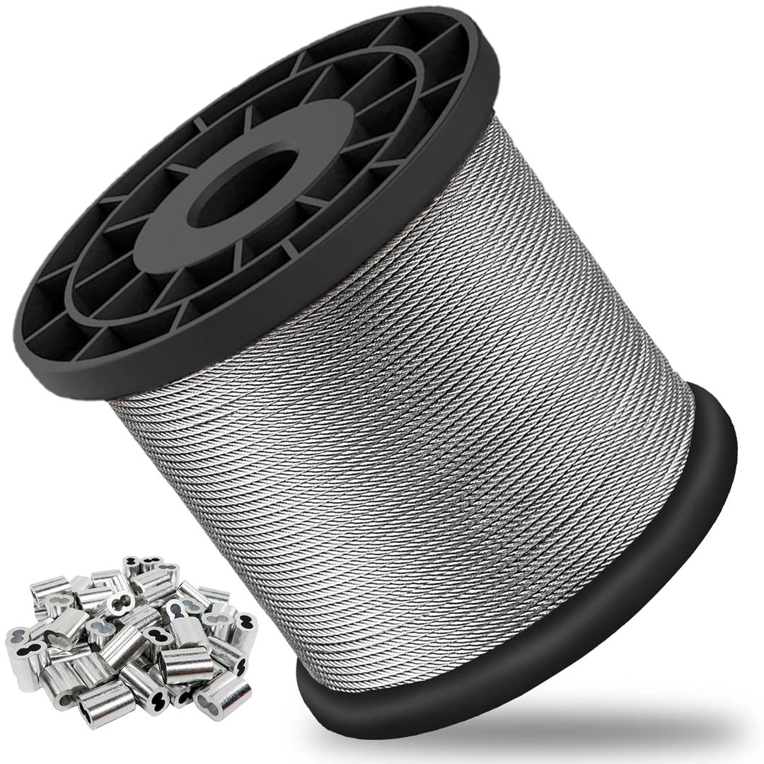 1/16 Wire Rope, 304 Stainless Steel Cable, Aircraft Cable, Steel Wire, 328FT with 150Pcs Crimping Sleeves, Clothes Line Wires, Trellis Wire, 7x7 368lbs Breaking Strength