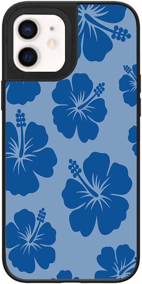 Flower Phone Case for iPhone 12/12 Pro - Slim Shockproof Hard Shell, 5ft Drop Protection, Cute Aesthetic Blue Hibiscus Pattern, Tough Protective Case for Women and Girl