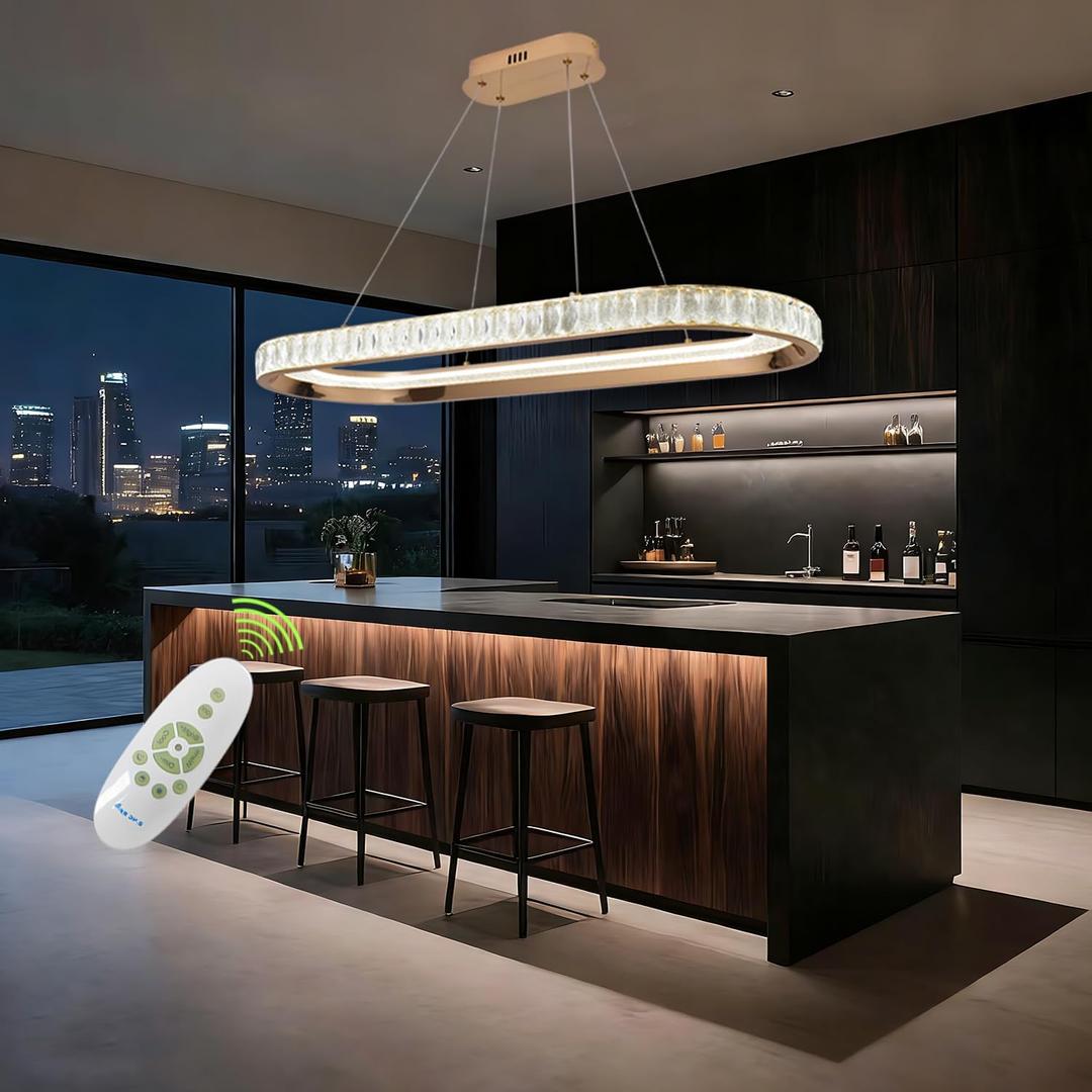 Gold Led Chandelier Crystal Modern Chandeliers for Dining Room Light Fixture Dimmable Led Pendant Light for Kitchen Island Lighting with Remote Luxury Oval Ring Ceiling Hanging Chandelier