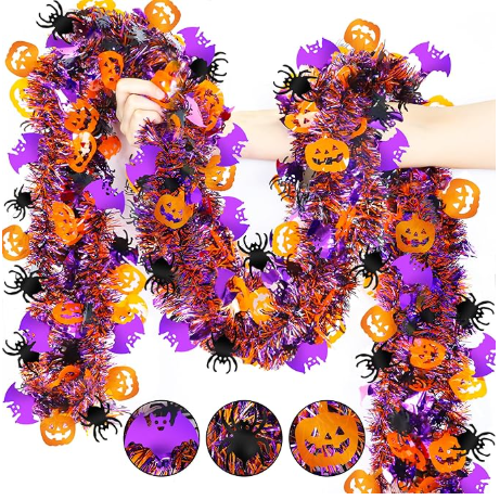 33FT Halloween Tinsel Garland, Black Purple Orange Metallic Twist Foil Tinsel Garland with Pumpkin Spider Bat Ornaments Hanging Garland for Halloween Party Indoor Outdoor Decoration