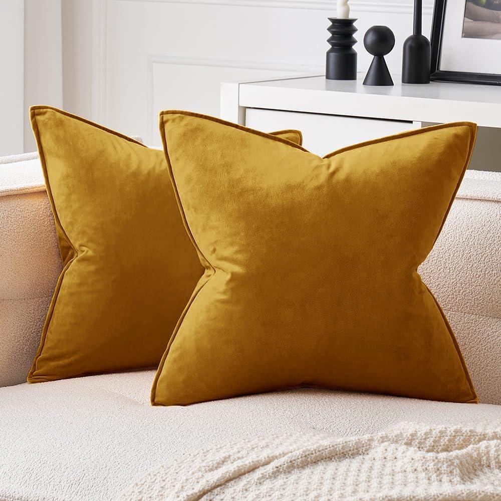 MIULEE Fall Pack of 2 Mustard Yellow Decorative Velvet Throw Pillow Covers Soft Pillowcases Solid Square Cushion Case for Summer Sofa Bedroom Car 18x18 Inch