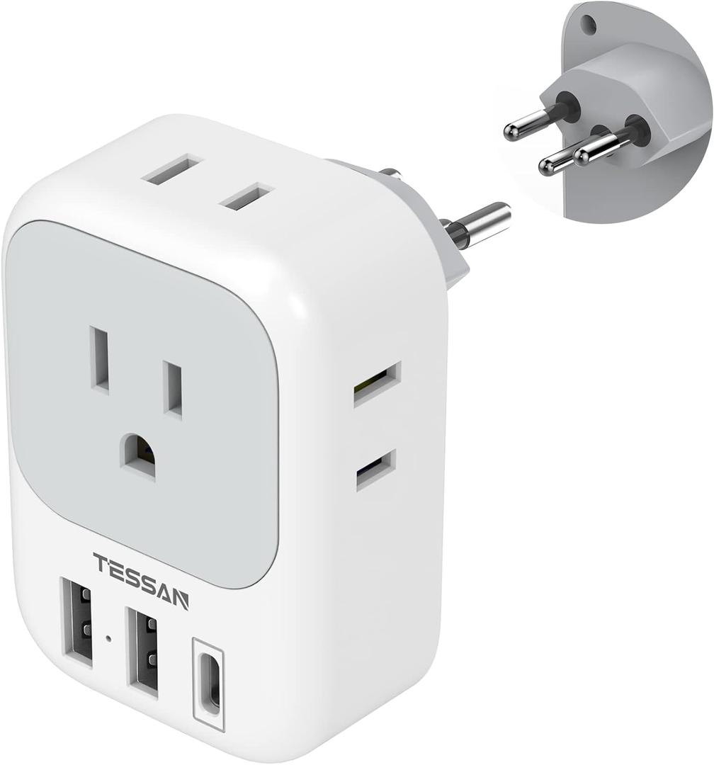 TESSAN Switzerland Power Adapter, Swiss Travel Adaptor with 4 American Outlets 3 USB Charger (1 USB C Port), Type J Plug for US to Liechtenstein Rwanda (Type J-white&grey)