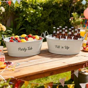 2-Pack White Metal Ice Bucket, Beverage Cooler Tub with Stainless Steel Handle - Reinforced Ribbed Design, Silk-Screened Logo & Powder-Coated Surface for Party, Beverage Cooling & Storage