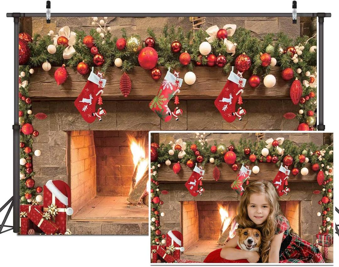 7x5ft Fireplace Backdrop Christmas Fireplace Photography Background for Wall Winter Holiday Family Merry Christmas Eve Party Decorations Banner Portrait Photo Booth Props